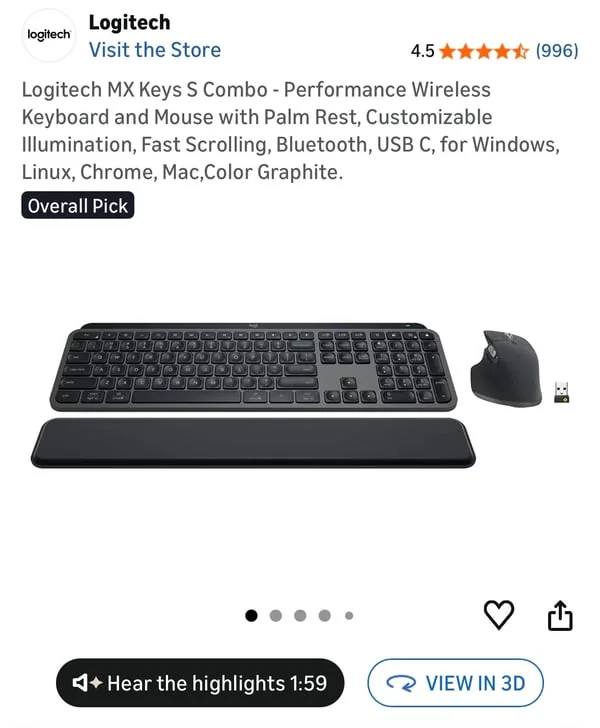 Amazon Electronics listing with View in 3D