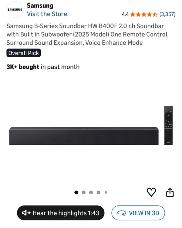 Amazon Electronics listing with View in 3D
